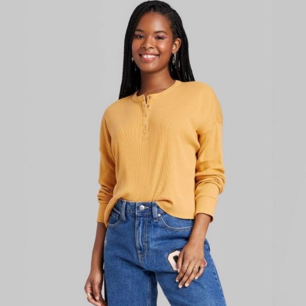 Wild Fable™ - Women's Long Sleeve Henley T-Shirt XS Dark Gold